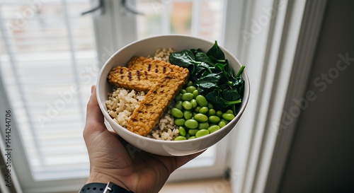 Obraz na płótnie Holding Healthy Tempeh Bowl with Edamame and Spinach Near Window w salonie