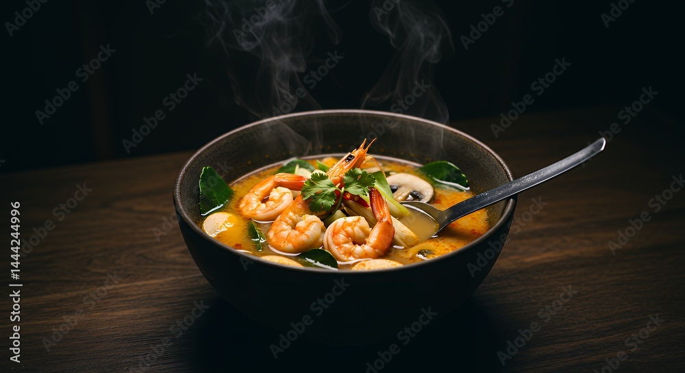 Hot and Steamy Shrimp Soup Bowl with Herbs and Mushrooms