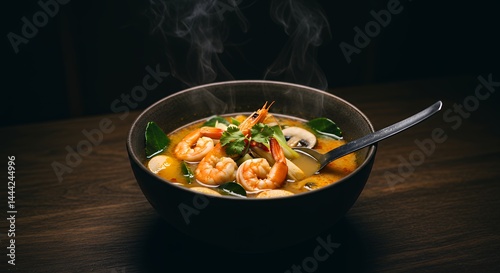 Hot and Steamy Shrimp Soup Bowl with Herbs and Mushrooms