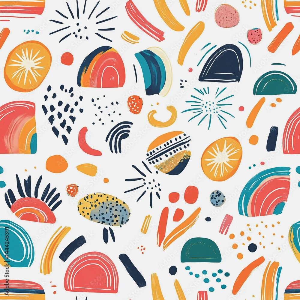 Naklejka premium Abstract white background with colorful Memphis style seamless pattern. Creative minimalist style art background for children or trendy design with basic shapes. Simple childish scribble backdrop 