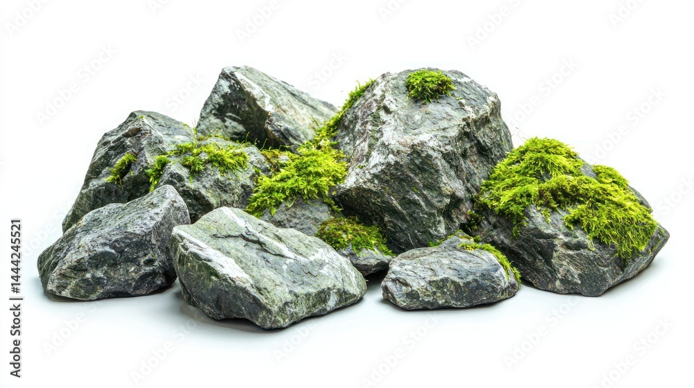 Group of irregularly shaped rocks partially covered with vibrant moss on white background.
