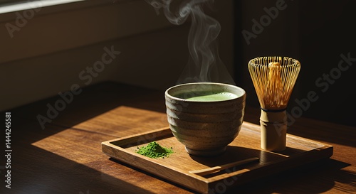 Preparing Hot Matcha Tea with Bamboo Whisk on Wooden Tray