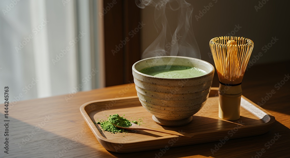 Preparing Matcha Green Tea with Whisk and Powder on Wooden Tray