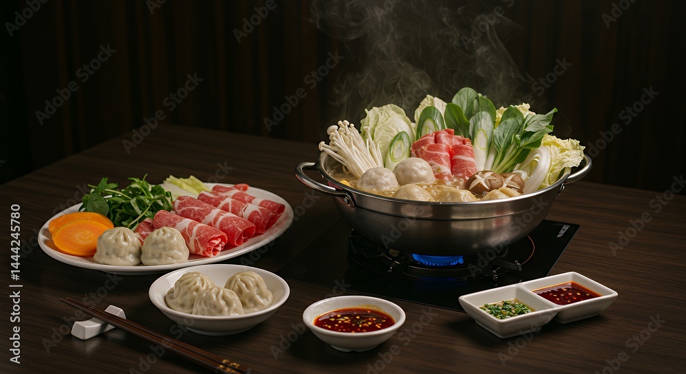 Preparing Hot Pot with Meat Dumplings and Vegetables on Wooden Table