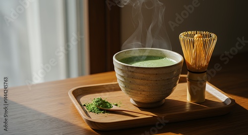 Obraz na płótnie Preparing Matcha Green Tea with Whisk and Powder on Wooden Tray w salonie