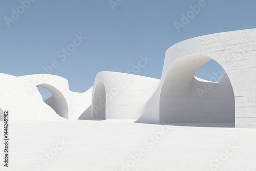 Minimalist white concrete arches stand under a clear blue sky in a sunny outdoor plaza.