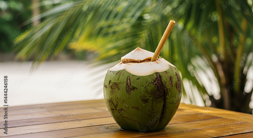 Refreshing Coconut Drink with Straw on Wooden Table by Beach