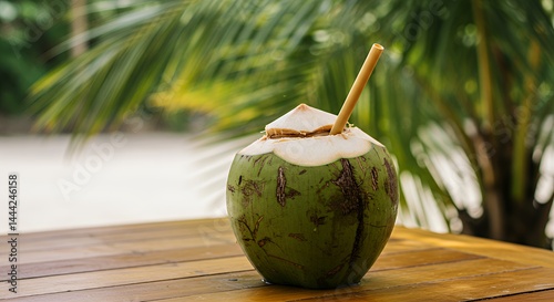 Obraz na płótnie Refreshing Coconut Drink with Straw on Wooden Table by Beach w salonie