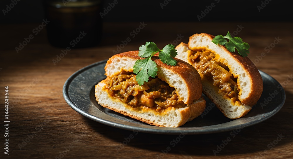 Serving a Delicious Curry Sandwich on a Plate with Cilantro