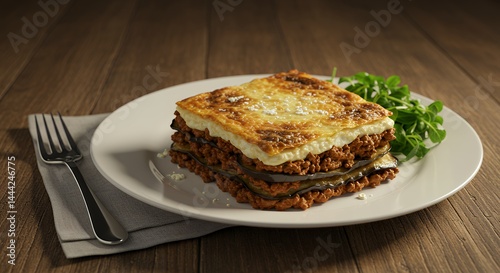 Serving of Moussaka with Greens on a Plate by Fork