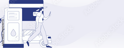 Vector Internet operation hand-drawn illustration of people getting discounts for refueling their cars
