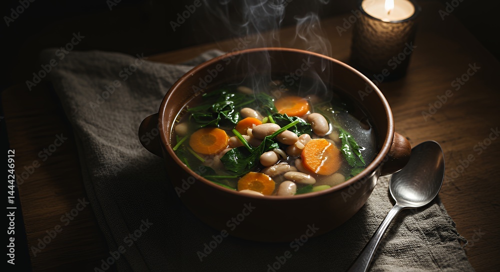Serving of Steaming Bean Soup with Spinach and Carrots on Table