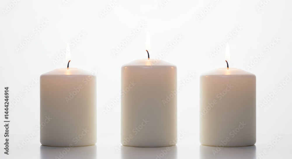 Three white candles burning with small flames on a bright white background in a studio setting Three white candles burning with small flames on a bright white background in a studio setting