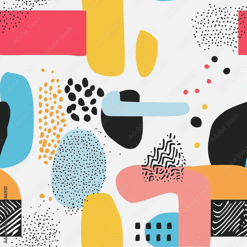 Abstract white background with colorful Memphis style seamless pattern. Creative minimalist style art background for children or trendy design with basic shapes. Simple childish scribble backdrop
