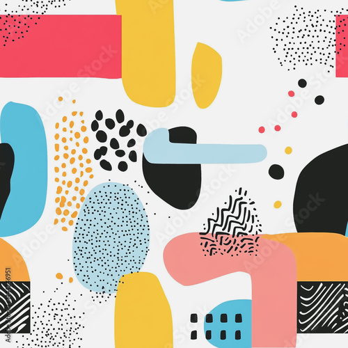 Obraz na płótnie Abstract white background with colorful Memphis style seamless pattern. Creative minimalist style art background for children or trendy design with basic shapes. Simple childish scribble backdrop
w salonie