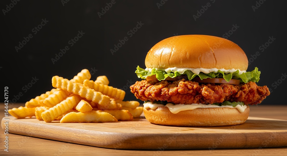 Serving Tasty Chicken Sandwich with French Fries on Wooden Board