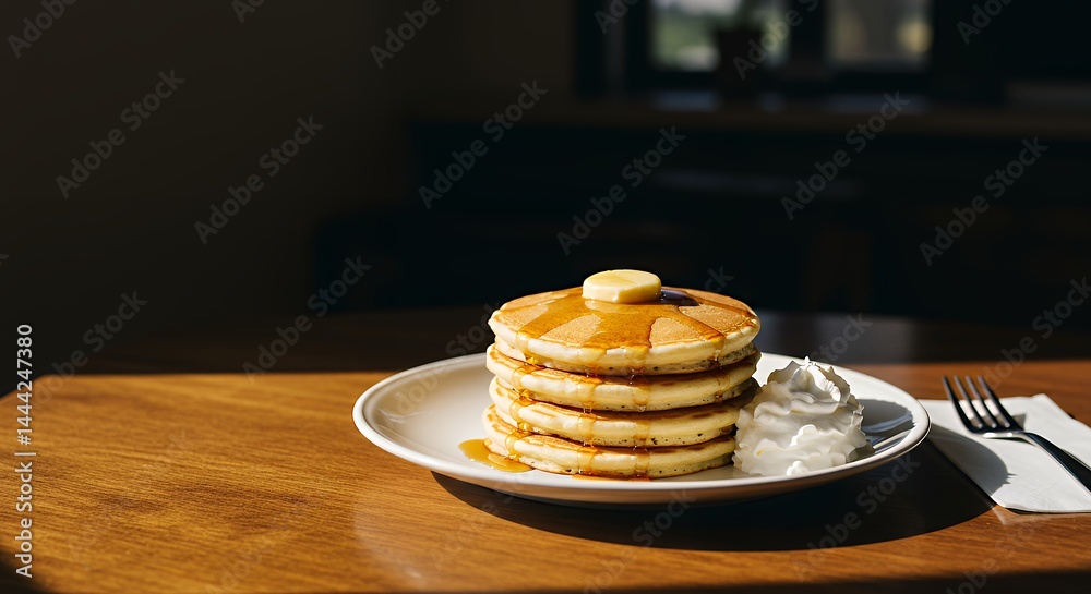 Stack of Pancakes with Syrup and Whipped Cream on Wooden Table