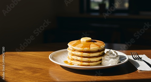 Obraz na płótnie Stack of Pancakes with Syrup and Whipped Cream on Wooden Table w salonie