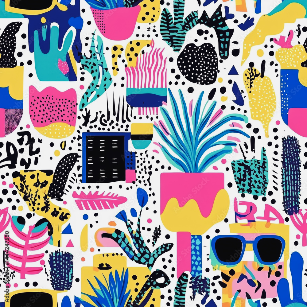 Abstract white background with colorful Memphis style seamless pattern. Creative minimalist style art background for children or trendy design with basic shapes. Simple childish scribble backdrop
