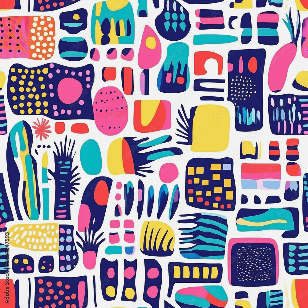 Abstract white background with colorful Memphis style seamless pattern. Creative minimalist style art background for children or trendy design with basic shapes. Simple childish scribble backdrop