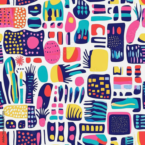 Obraz na płótnie Abstract white background with colorful Memphis style seamless pattern. Creative minimalist style art background for children or trendy design with basic shapes. Simple childish scribble backdrop
w salonie