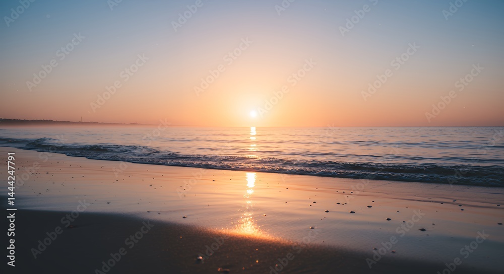 Sunrise Over Calm Ocean Waves on Sandy Beach Landscape
