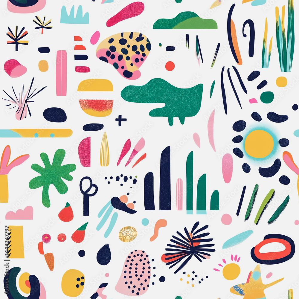 Abstract white background with colorful Memphis style seamless pattern. Creative minimalist style art background for children or trendy design with basic shapes. Simple childish scribble backdrop