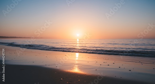 Obraz na płótnie Sunrise Over Calm Ocean Waves on Sandy Beach Landscape w salonie