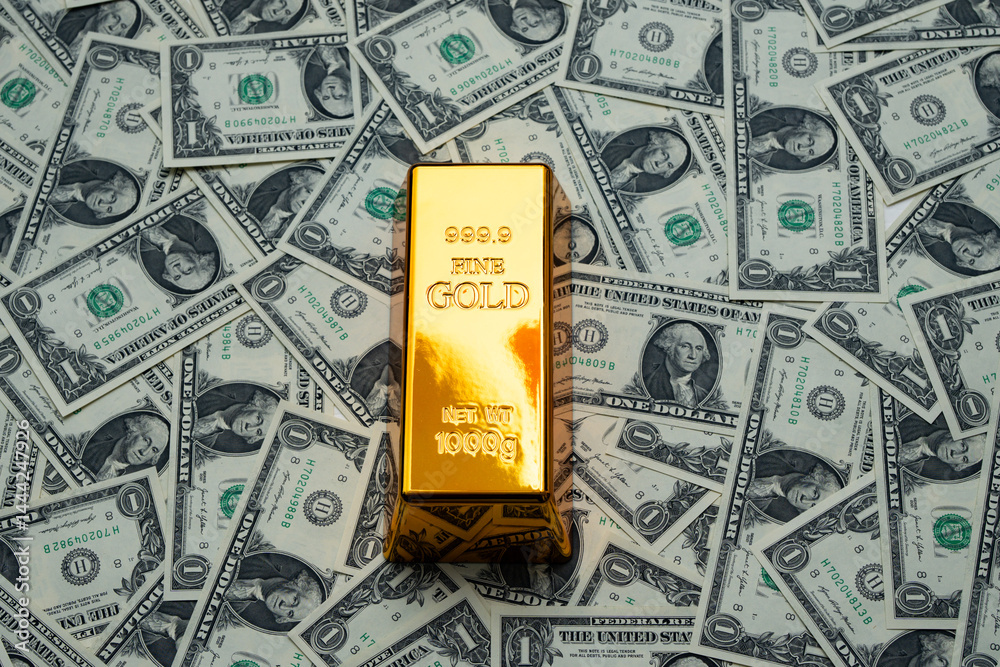 Money dollars gold bar. Saving finance in gold bar. Dollars vs gold bar. Saving money background. Dollar bills vs gold bars. Banknotes and goldbar. Banking and savings. Golden money. Precious metals.