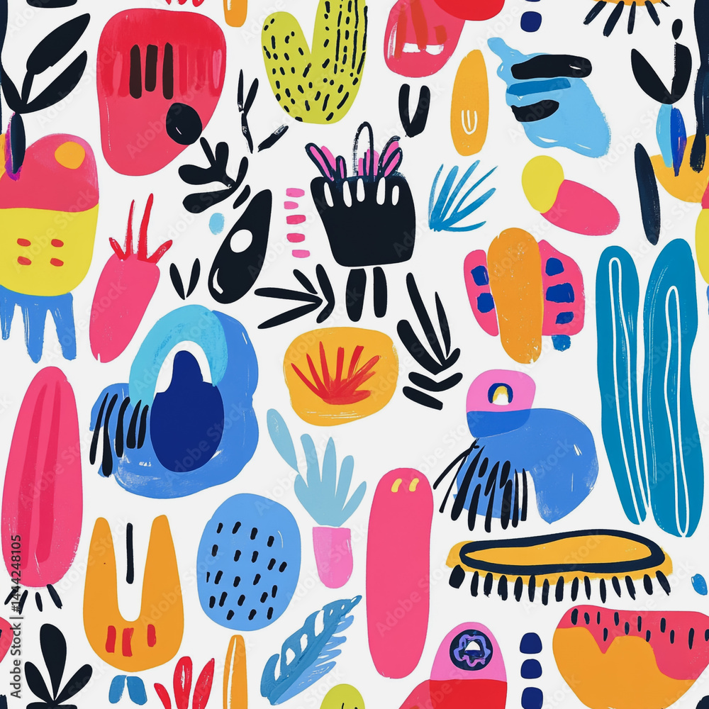 Abstract white background with colorful Memphis style seamless pattern. Creative minimalist style art background for children or trendy design with basic shapes. Simple childish scribble backdrop
