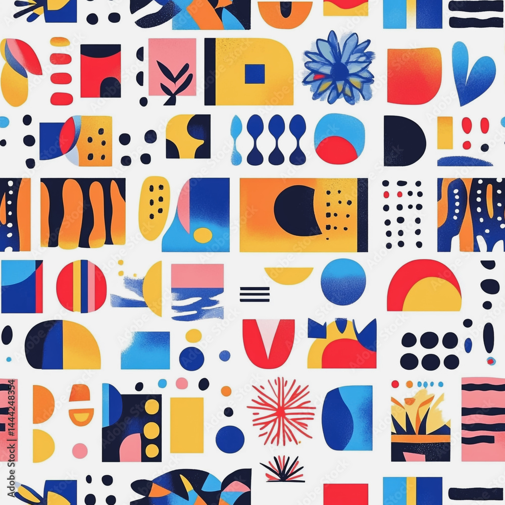 Abstract white background with colorful Memphis style seamless pattern. Creative minimalist style art background for children or trendy design with basic shapes. Simple childish scribble backdrop