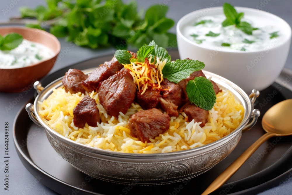 Mutton biryani garnished with mint and saffron enjoying with raita Mutton biryani garnished with mint and saffron enjoying with raita