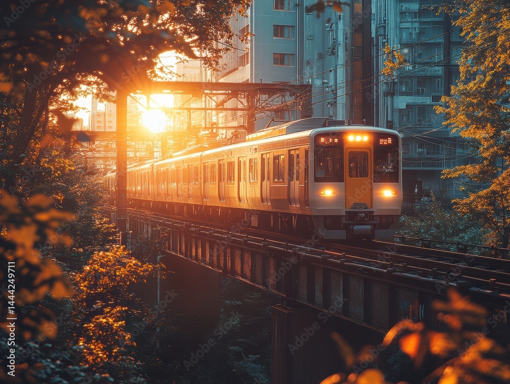 Obraz premium Sunset train passing through urban landscape with buildings and foliage