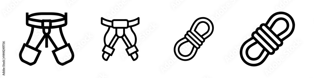 A simple vector icon set depicting a climbing harness with rope, ideal for adventure and outdoor designs. A simple vector icon set depicting a climbing harness with rope, ideal for adventure and outdoor designs.