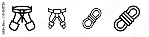 A simple vector icon set depicting a climbing harness with rope, ideal for adventure and outdoor designs.