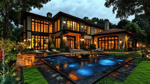 Luxury Mansion at Dusk: Illuminated Grandeur and Serene Poolside