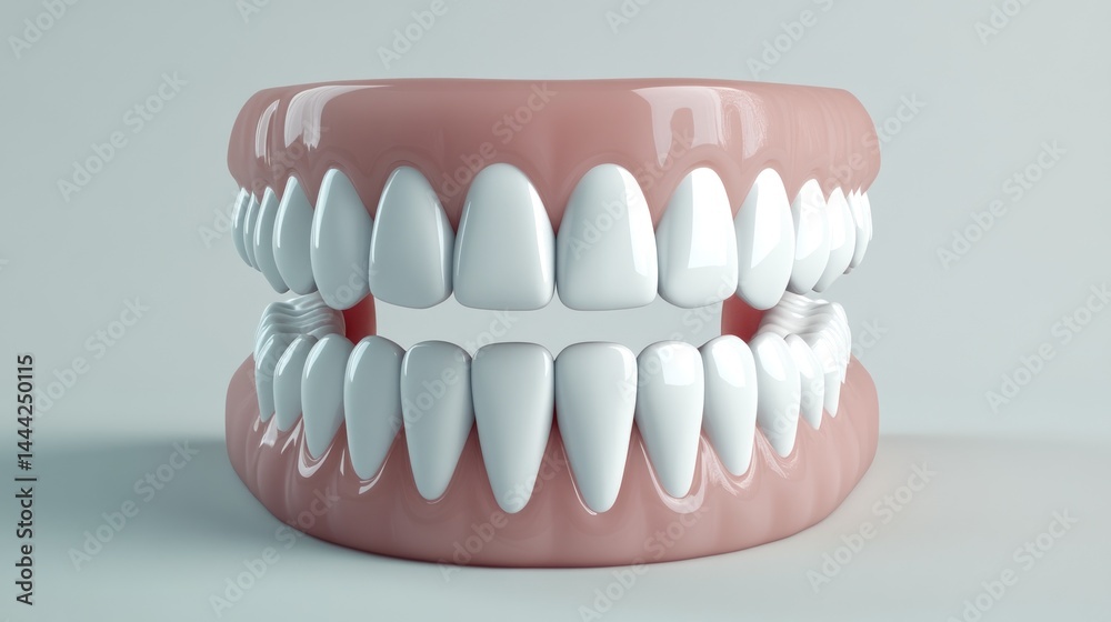 Fototapeta premium 3D render of a healthy human dentition with gums, showing upper and lower rows of bright white teeth.