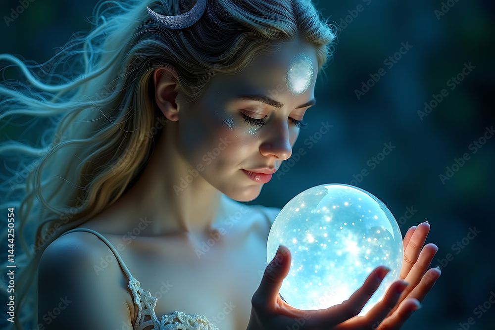 Naklejka premium A celestial woman with a moon on her forehead, stardust hair, and constellations glowing on her skin. she gazes into a glowing crystal sphere AI-generated