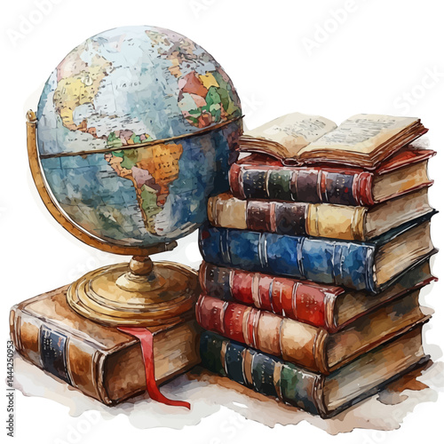 illustration of Globe With Books Stacked Beside, watercolor vector, isolated on a white background.