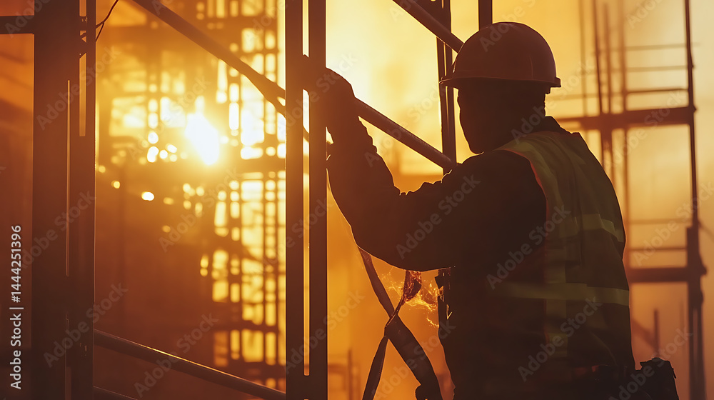 Fototapeta premium Construction Worker on Scaffolding at Sunset