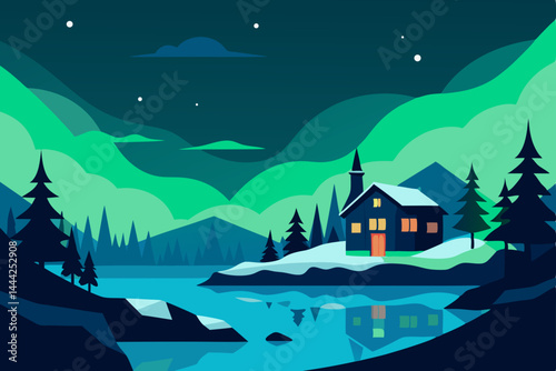 winter landscape with houses and mountains