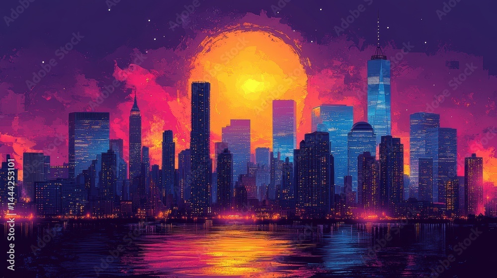 Fototapeta premium Vibrant sunset over a city skyline with reflections on the water