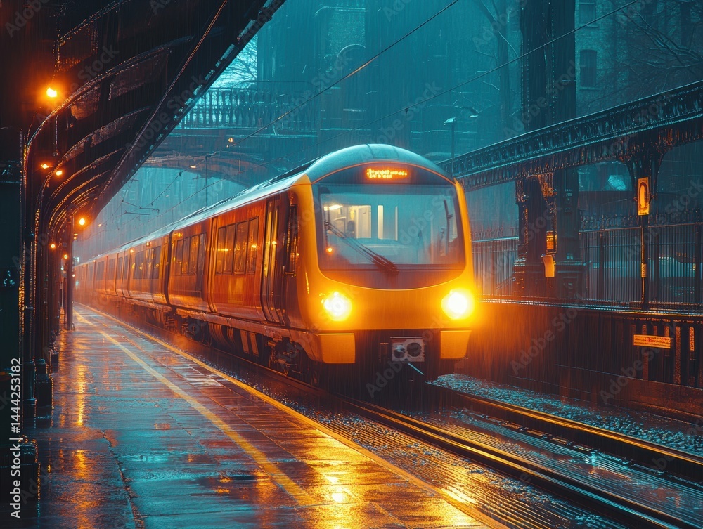 Naklejka premium A rainy evening at a city train station with glowing lights and a passing train