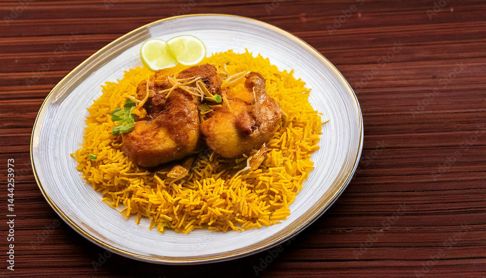 Famous Hydrabadi chicken dum biryani with chicken pieces on the topic served in a plate served with onion raitha closeup with selective focus and blur Famous Hydrabadi chicken dum biryani with chicken pieces on the topic served in a plate served with onion raitha closeup with selective focus and blur