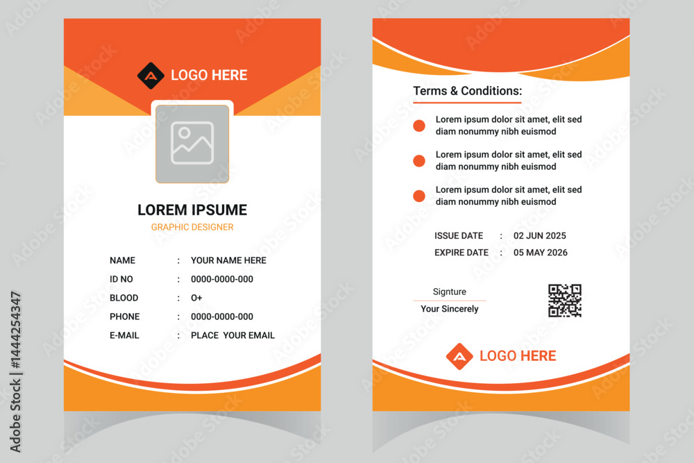 Fototapeta premium Customizable Corporate Employee ID Card Template with Professional Layout, Featuring Photo Section, QR Code, and Contact Info Fields – Designed for Seamless Office and Business Use. Thank You .