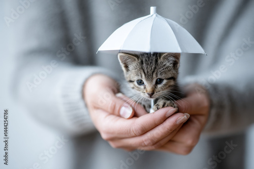 Animal insurance and shelter concept with kitten, umbrella, and caring owner representing pet care, adoption, and housing photo
