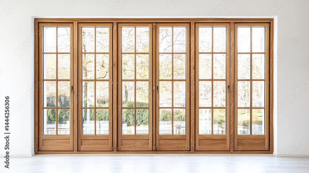 Group of wooden windows with large glass panes and natural wood trim in minimalist style on white background. Group of wooden windows with large glass panes and natural wood trim in minimalist style on white background.