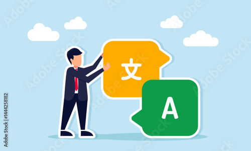 Businessman holding a chat dialog marked with Mandarin next to a chat dialog marked with the alphabet, illustration of cultural acculturation or globalization in language