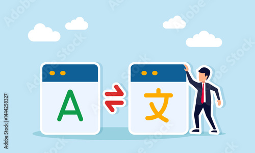 Businessman standing next to information exchange between two language apps, illustration of cultural acculturation or globalization in language