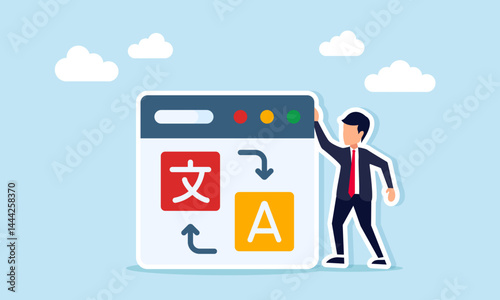Businessman standing beside language translator app interface, illustration of cultural acculturation or globalization in language